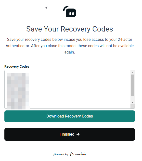 Streamlabs ID 2FA recoevry codes